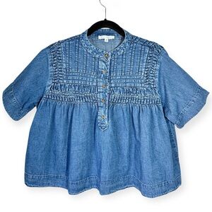 Solitaire Boxy Denim Popover Top Medium BabyDoll Button 100% Cotton Western